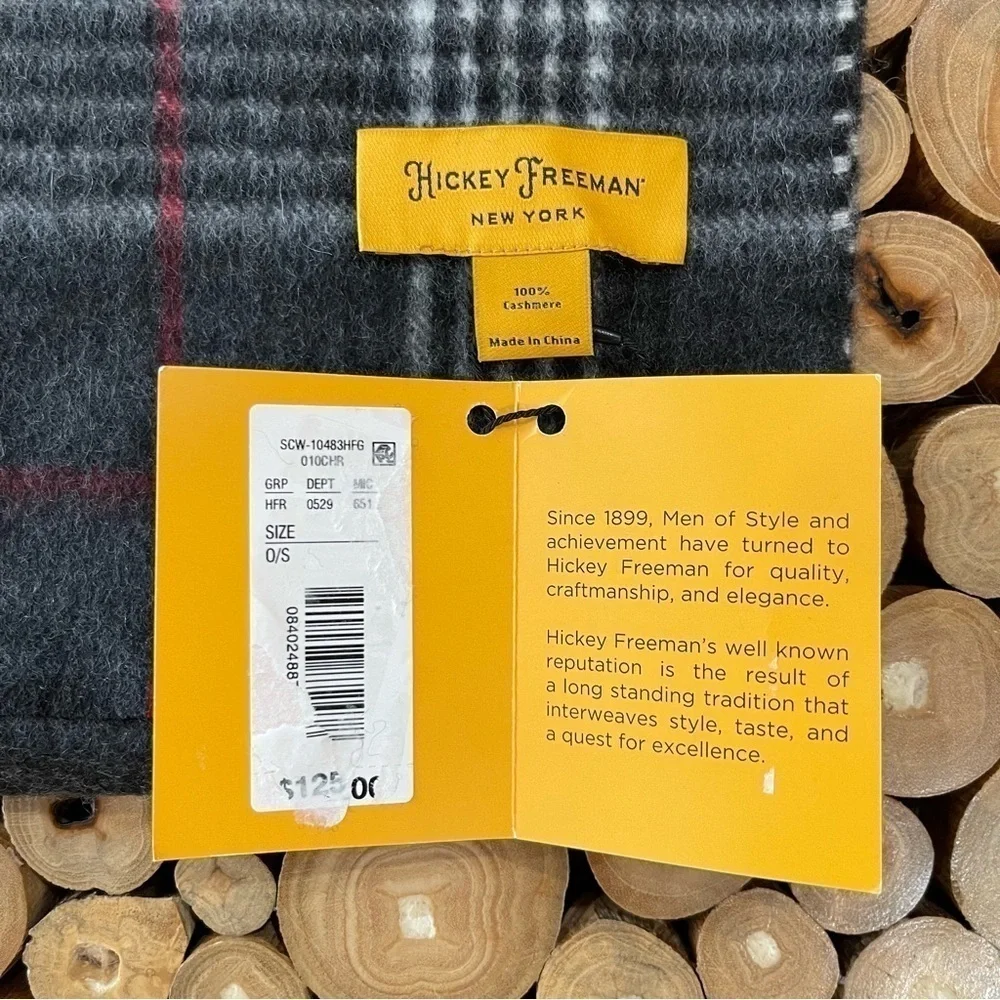 Hickey Freeman Mens 100% Cashmere Scarf Black Gray Red Plaid Check NWT $125